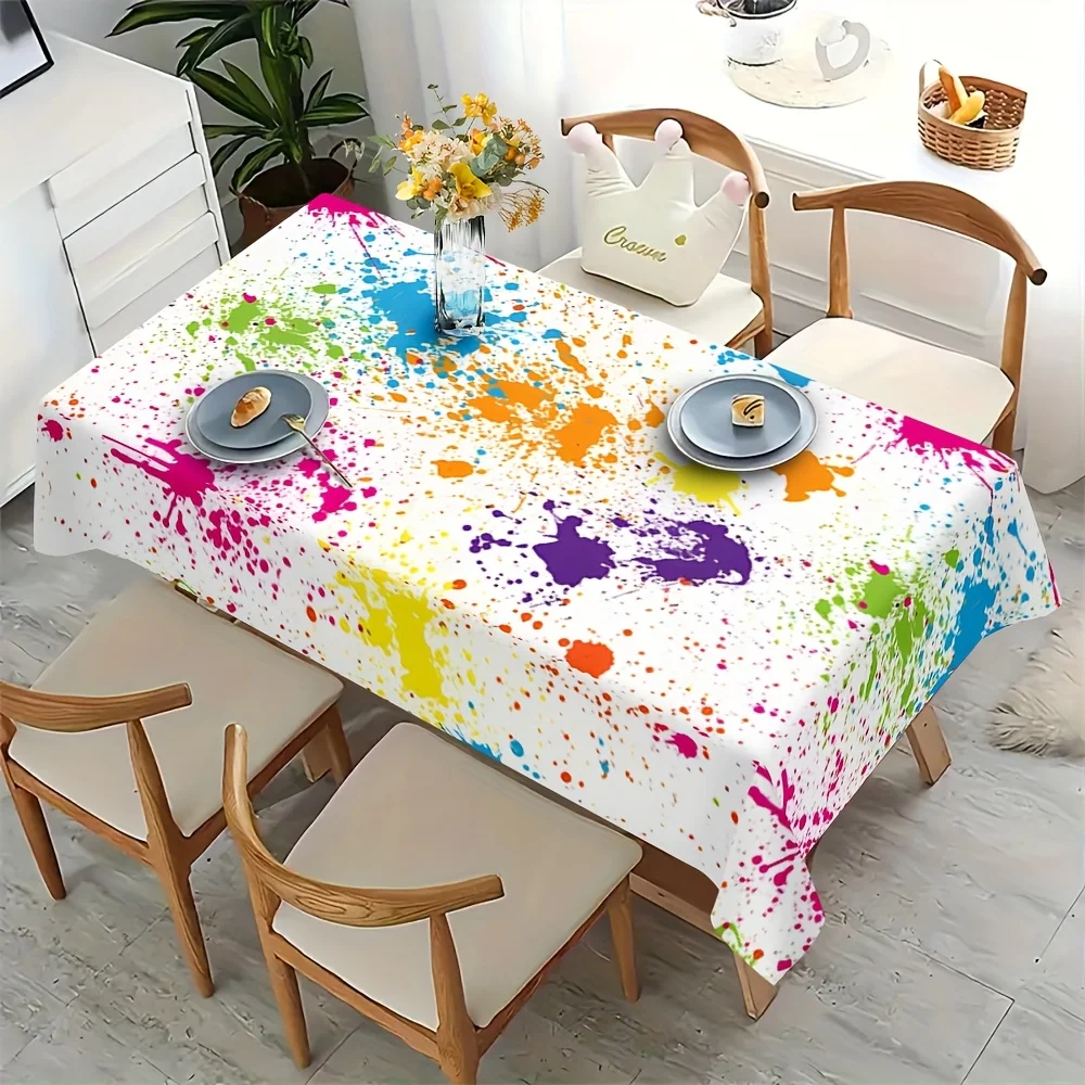 Colorful pigment splatter pattern, suitable for rectangular polyester tablecloths in restaurants.