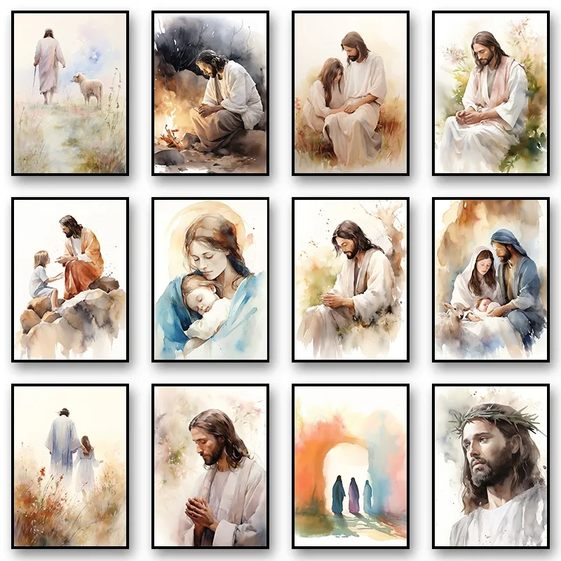 Watercolor Jesus in Prayer Sheep Christian Child Bible Posters and Prints Canvas Printing Wall Art Picture for Living Room Decor