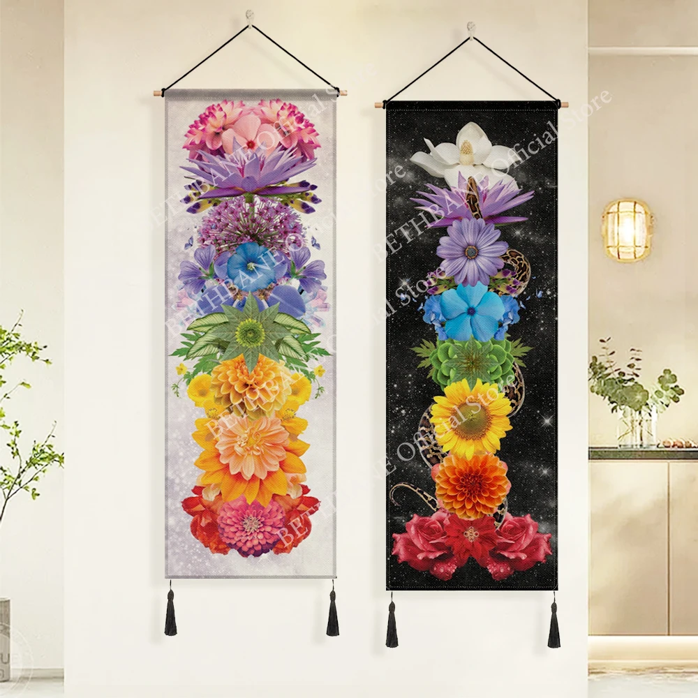 Floral Chakras Tapestry,Kundalini Energy Meditation Wall Tapestry,Snake Chakras Tapestry Wall Hanging for Room Decor  45x128 cm