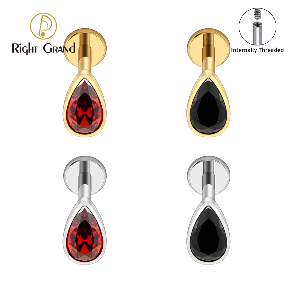 Right Grand ASTM F136 Titanium Teardrop Garnet Black CZ Labret Stud 16G Pear CZ Cartilage Helix Tragus Earring Halloween Nose Piercing Jewelry