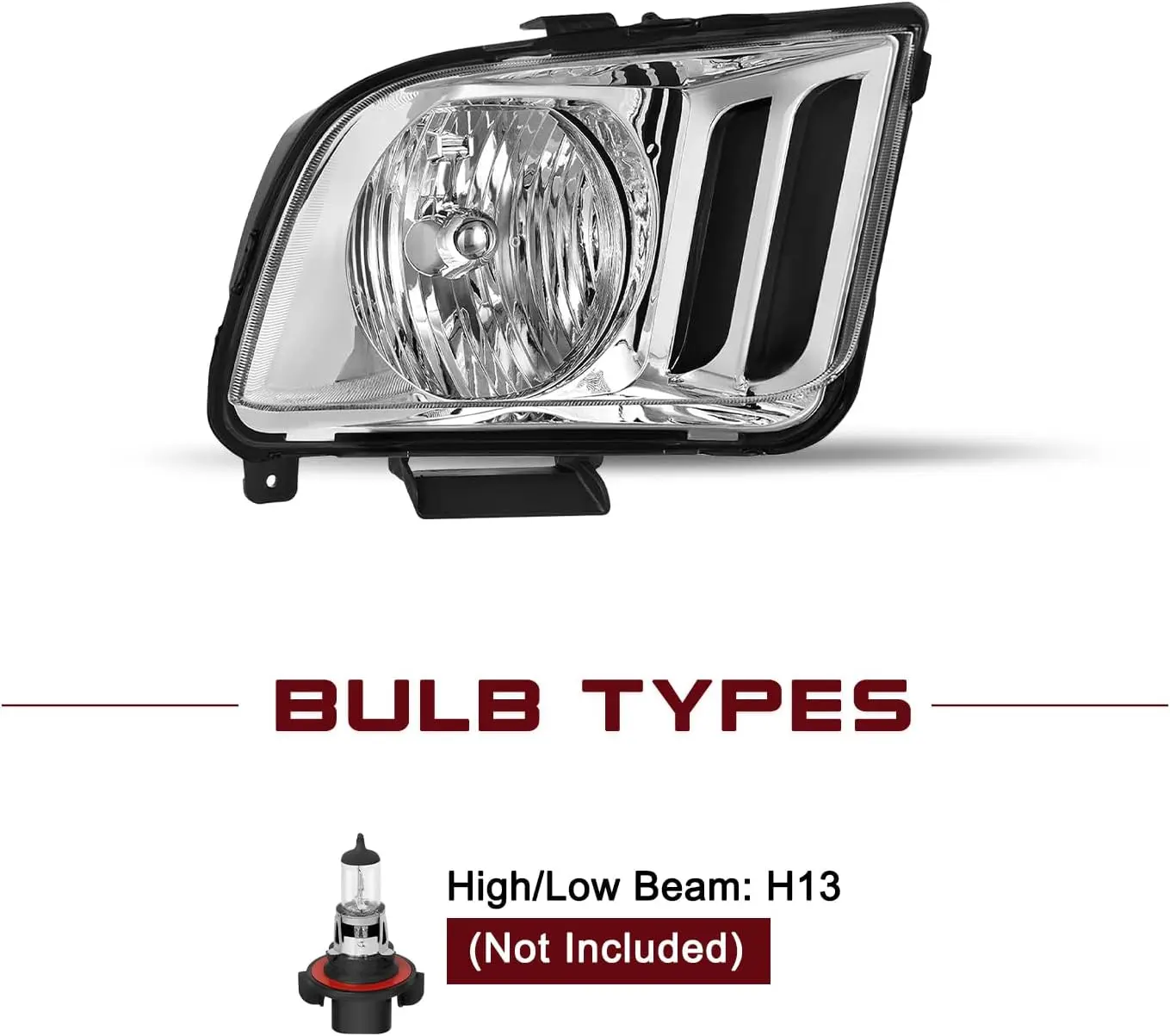 Pair of Halogen Headlight Assemblies Compatible with 2005-2009 Mustang, Chrome Housing with Clear Reflector, OEM Replacement