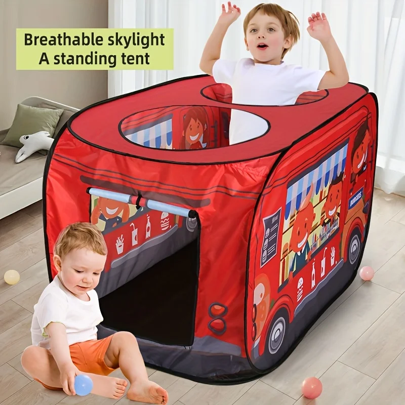 Tienda de juegos de autobús de dibujos animados para niños, tienda de juegos de tela interactiva para exteriores, tienda portátil ligera para niños con fácil almacenamiento