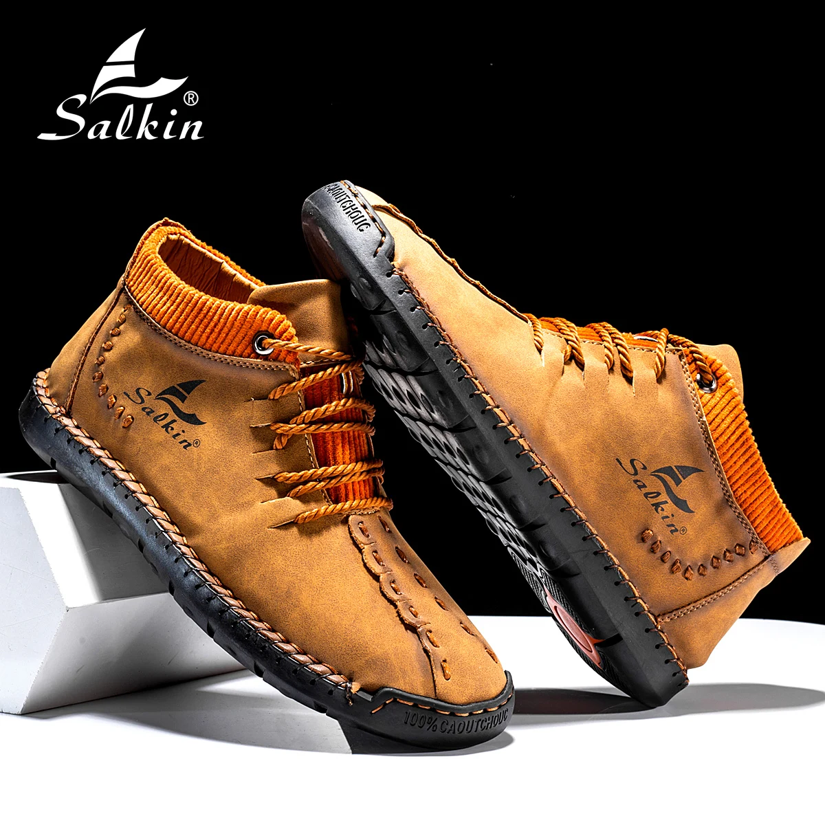 Salkin Men\'s Fashion Vintage Hand Stitching Soft Business Casual Leather Ankle Boots Handmade Shoes