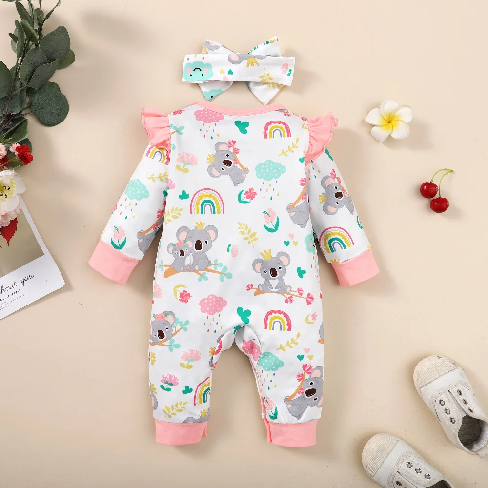 2PCS Romper Outfits Newborn Baby Girl Long Sleeves Cute Koala Bodysuit with Headband Infant Baby Spring and Autumn Jumpsuit