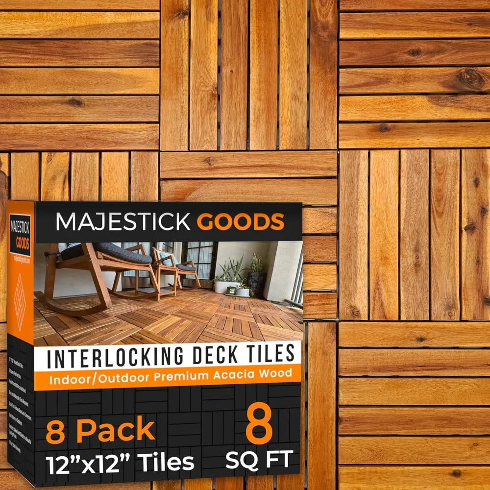 

8 Sq Ft Interlocking Deck Tiles Snap Together Wood Flooring - 12 x 12 Acacia Hardwood Outdoor Flooring, Water Resistant Flooring