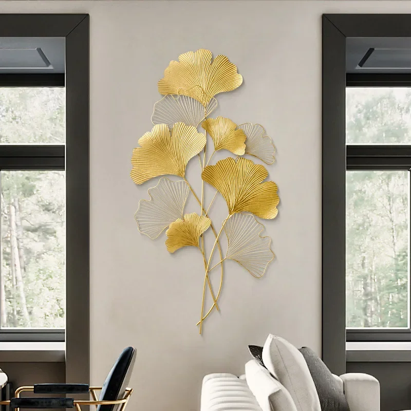 

New Chinese light luxury wrought iron ginkgo biloba three-dimensional wall hanging, simple living room, dining room background,