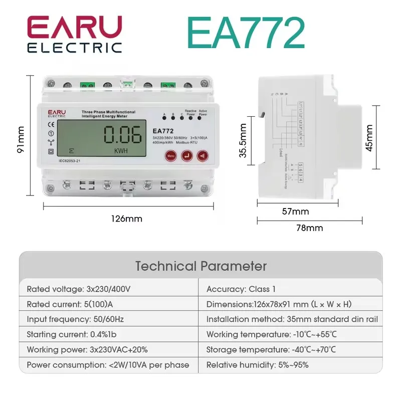 Three Phase Four Wires Eelectronic Active Energy Meter kWh Power Consumption Monitor DIN Rail 50/60Hz 3*5(100)A 50/60Hz LCD LED