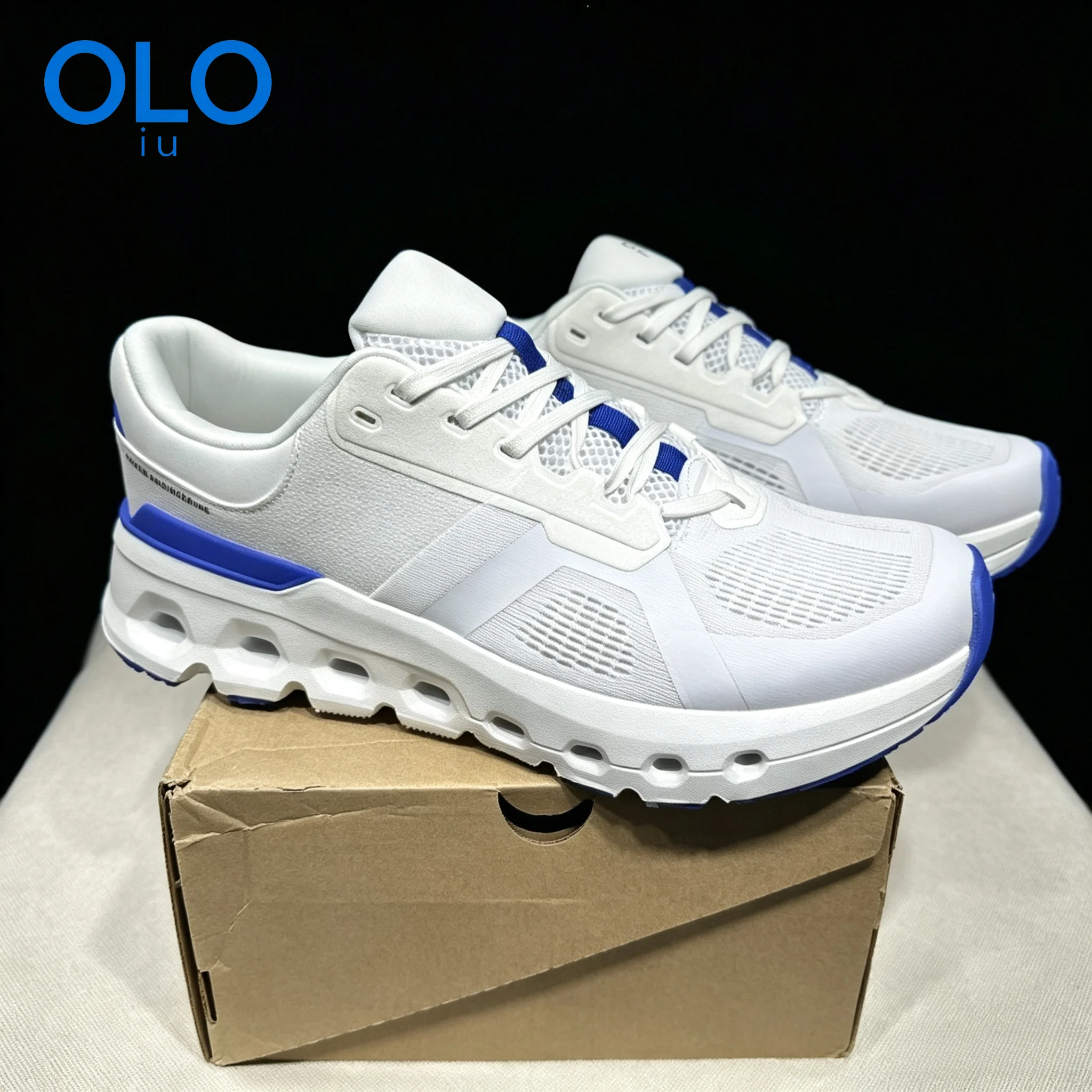 Scarpe sportive da uomo e da donna, adatte all’uso all’aperto, con sistema di assorbimento degli urti, traspiranti, bianche e blu, con tomaia in rete, suola segmentata e imbottita, antiscivolo, ideali