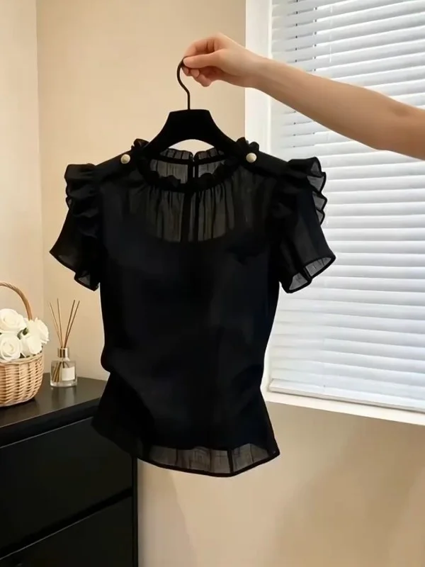 

Elegant Black Short Sleeve Women's Shirt Ruffle Sleeve Chiffon Top Vintage Design Summer Commute Style Skin-friendly Breathable