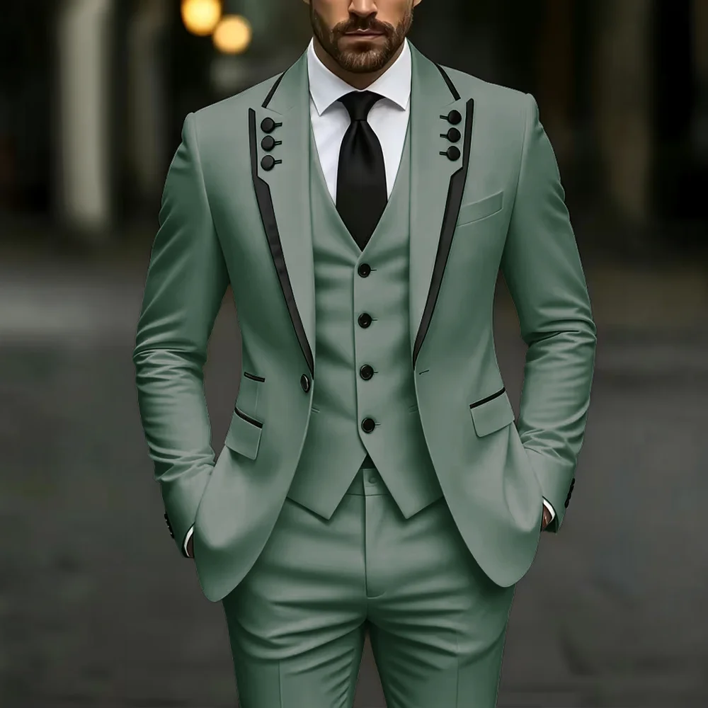 Olive Green Men's Slim-Fit 3-Piece Suit – Wedding Tuxedo / Custom Groom's Attire (Jacket, Trousers, and Vest)
