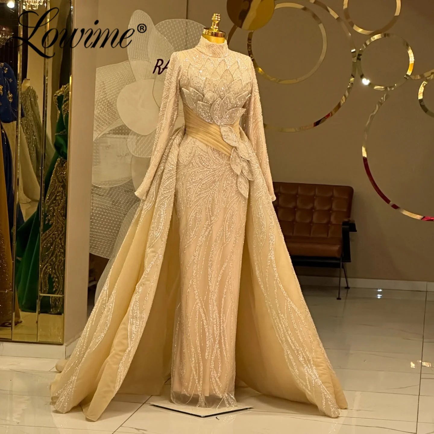 

2024 Великолепные 3D листья в арабском стиле Дубай Вечерние платья по индивидуальному заказу Платье для выпускного вечера с длинными рукавами 2025 и съемным шлейфом Abendkleider