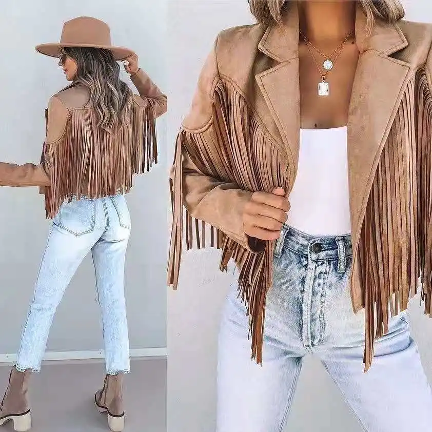 

Women Y2k Fringed Hem Tassel Cardigan Crop Tops E-girl Motor Biker Jacket Suede Leather Jacket 90s Streetwear Coat Cool