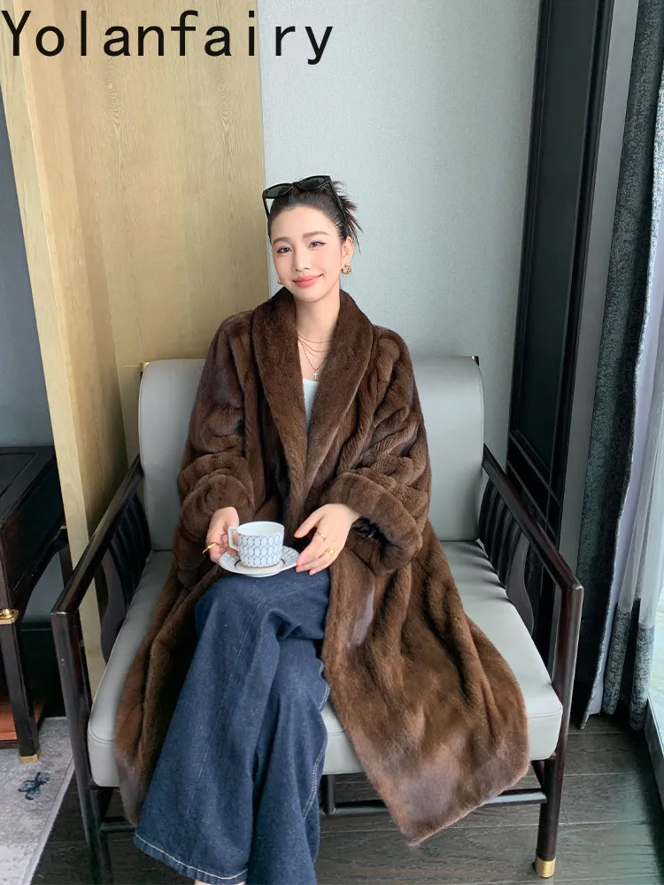 YOLANFAIRY Premium Grade Velvet Mink Real Fur Coat Women Winter Natural Whole Mink Fur Jacket Elegant Over Knee Mid Length 110cm