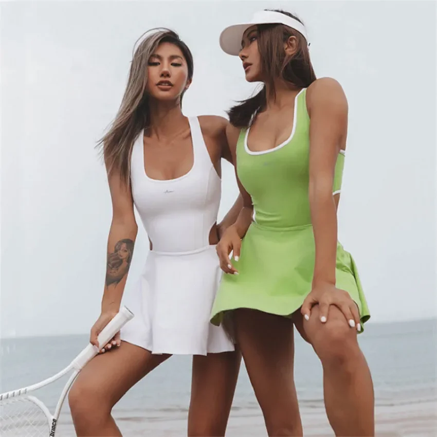 

2024 Pad Anti Shorts Yoga Set Gym Women One Piece Jumpsuit Tennis Skirt Running Workout Fitness Active Wear Outfit Suits