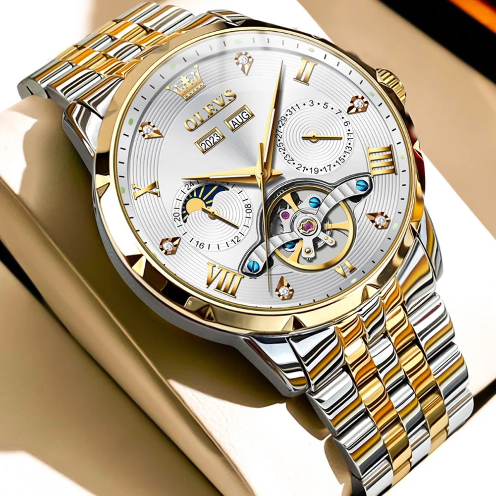 OLEVS 6691 Herrenuhr Luxus Business Original Schwungrad Automatische mechanische Uhr für Mann Ewiger Kalender Mondphase Leuchtend 9