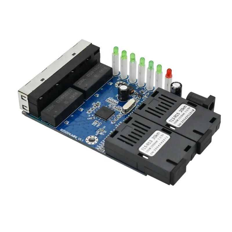 Wanglink Ethernet Switch Media Converter Single Mode 4 RJ45 dan 2 SC Fiber Port 10/100M PCBA