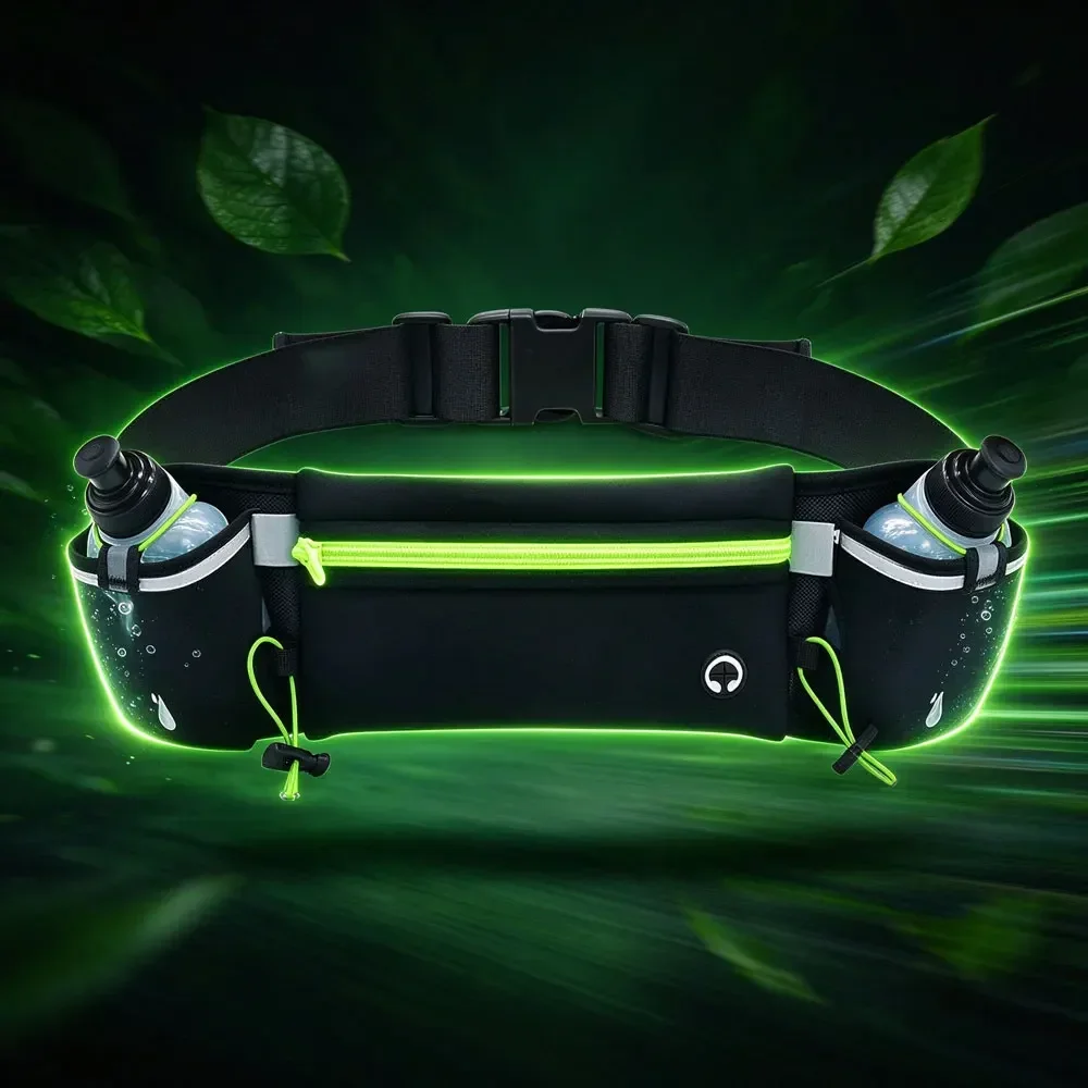 Night Safety Reflective Running Belt with Water Bottles, Multi-Layer Storage Pouch, Non-Slip Sports Waist Fanny Pack for Fitness