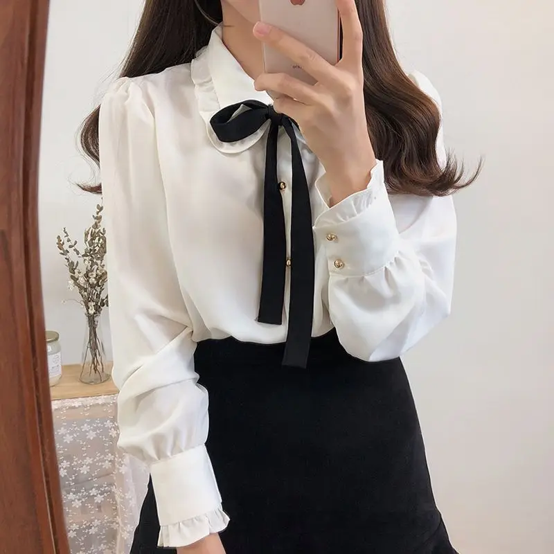 

2023 New spring summer Bow Tie Chiffon Solid color Long Sleeve Shirt Women Wild Leisure loose Top