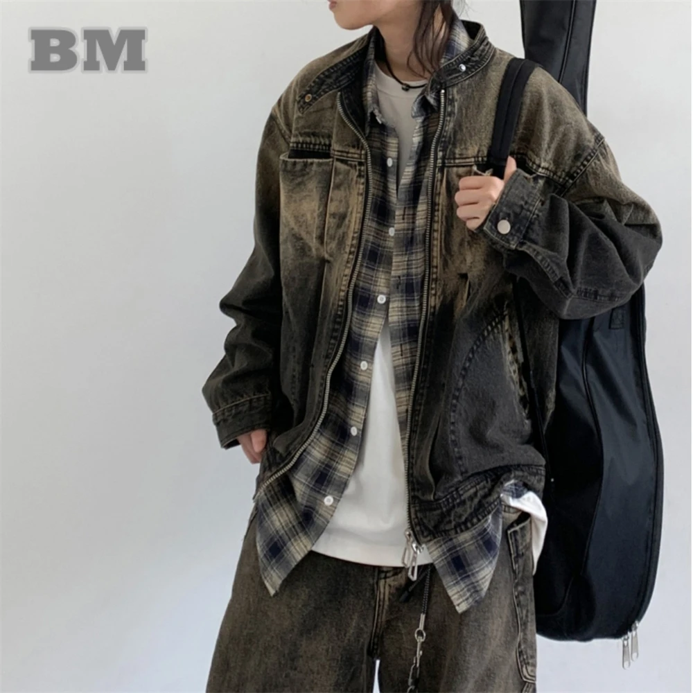 Japanese Vintage High Quality Denim Jacket Women Mens Clothing Korean Fashion Gradient Motorcycle Jacket Streetwear Trend Coat