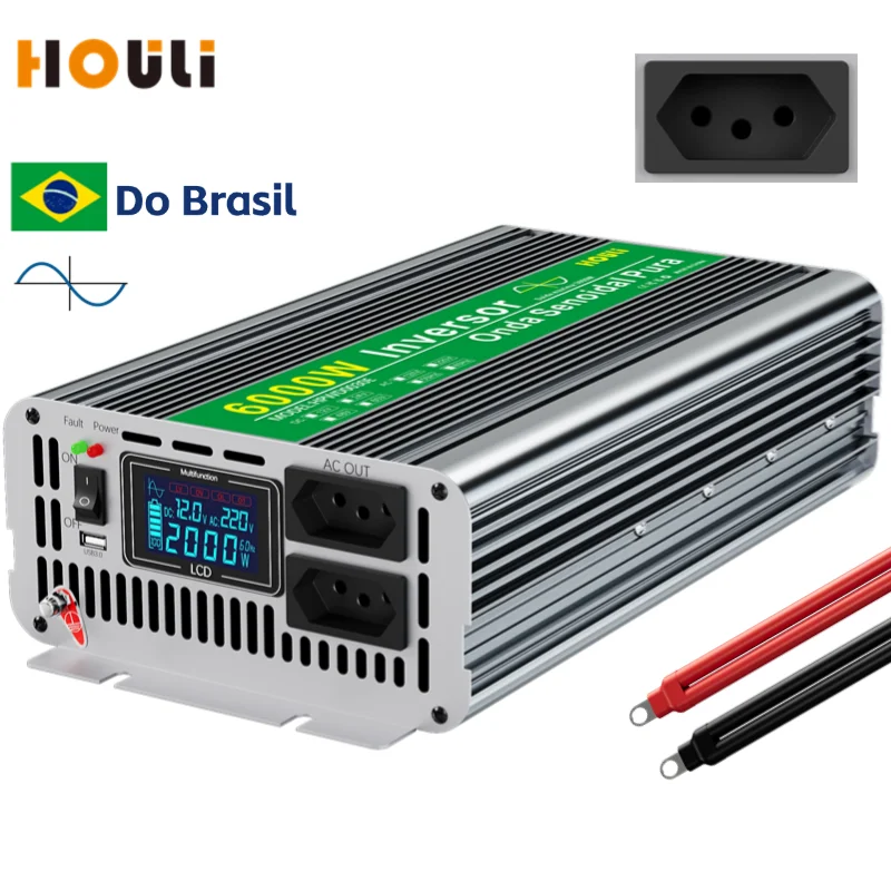 HOULI Inverter 12V 220V Pure Wave 3000W/6000W 2x Brazilian Socket 1X USB for Coche de Camión RV