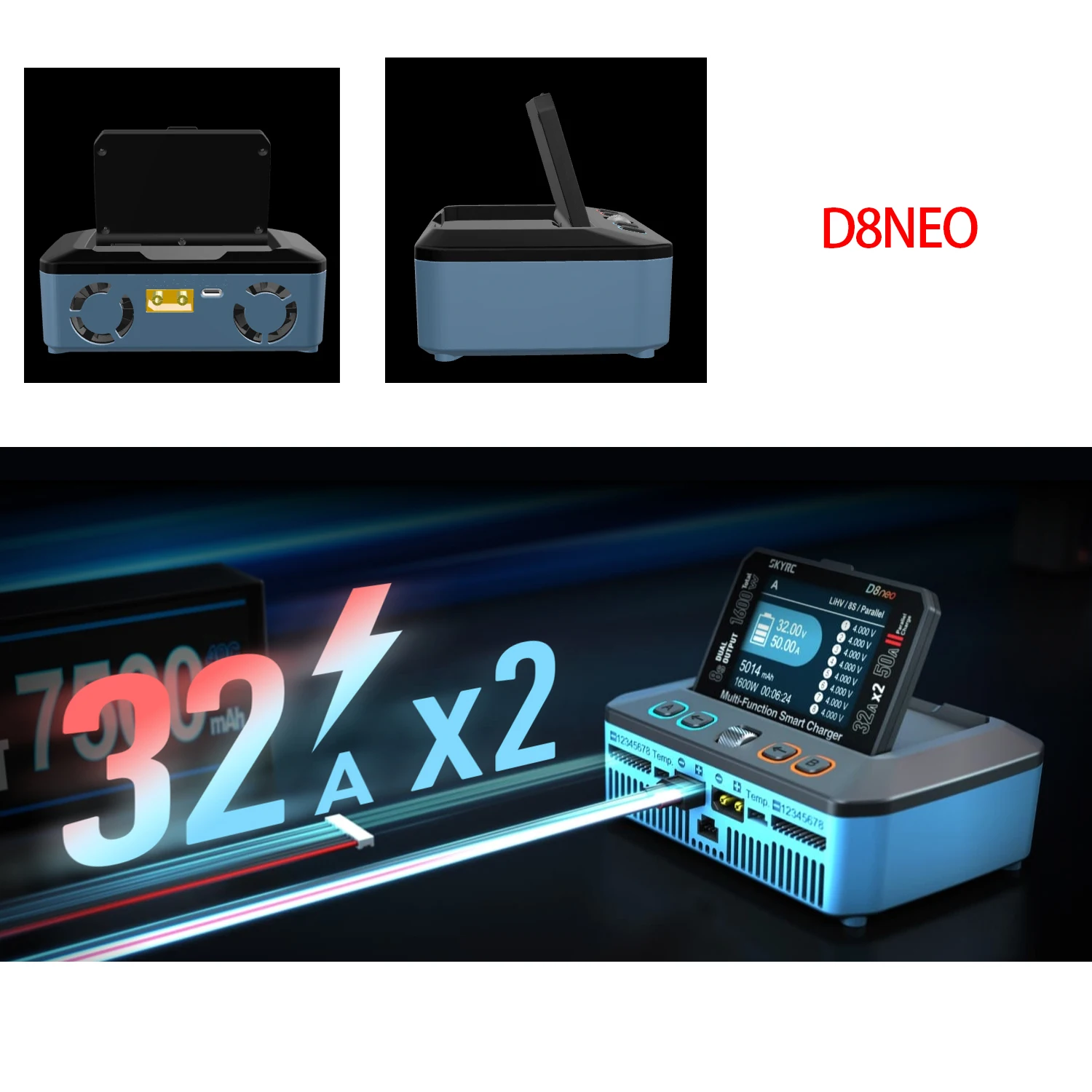SKYRC D8neo Smart Charger Dual Outputs 1-8S 240x320Pixel Multi-Function Charger for LiPo LiFe Li Ion LiHV Pb NiMH and NiCd