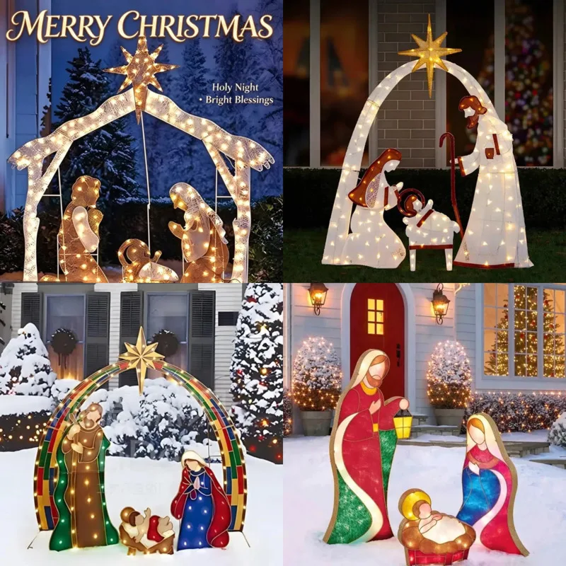 Christmas 30cm 40cm LED Lighted Metal Holy Family Light Up Christmas Stable Outdoor Yard Garden Holiday Decoration Gift New