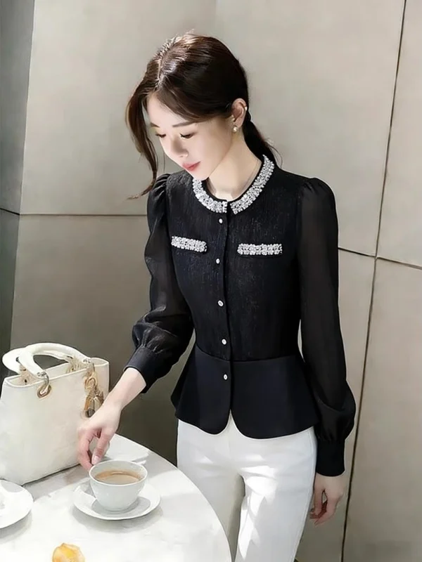 

Elegant Black Sequin Shirt Women's Slim Fit Luxury Fashion Spring 2026 Waist-Cinching Top Quality Knitted Casual Wear