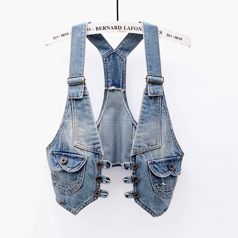 Vintage Wash Blue Sling Denim Vest Women Slim Short Cardigan Cowboy Waistcoat Summer Korean Casual Sleeveless Jeans Vests Female