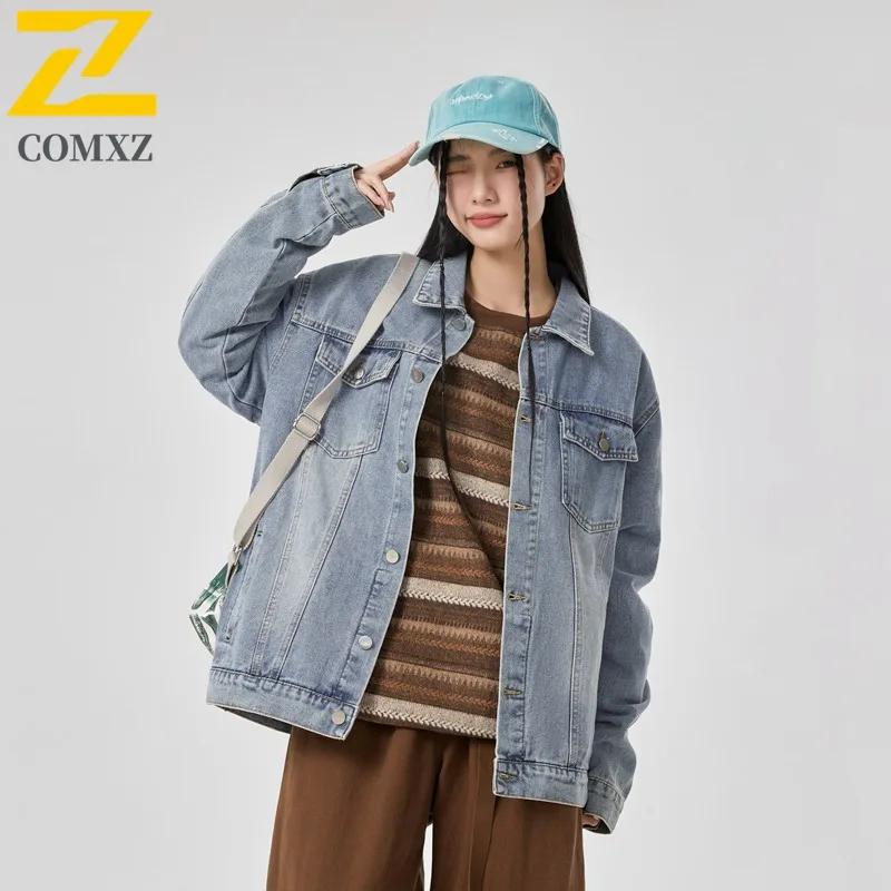 

COMXZ Men Jackets High Quality Walking Travel Trips Loose Hong Kong Style Casual Outings Coat Comfortable Camping Denim Jacket