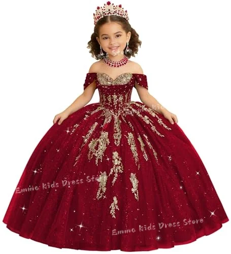 Custom Gold Applique Flower Girl Dress with Pleats, Bows, and Bead Embellishments, Off-Shoulder Children's Pageant Dress