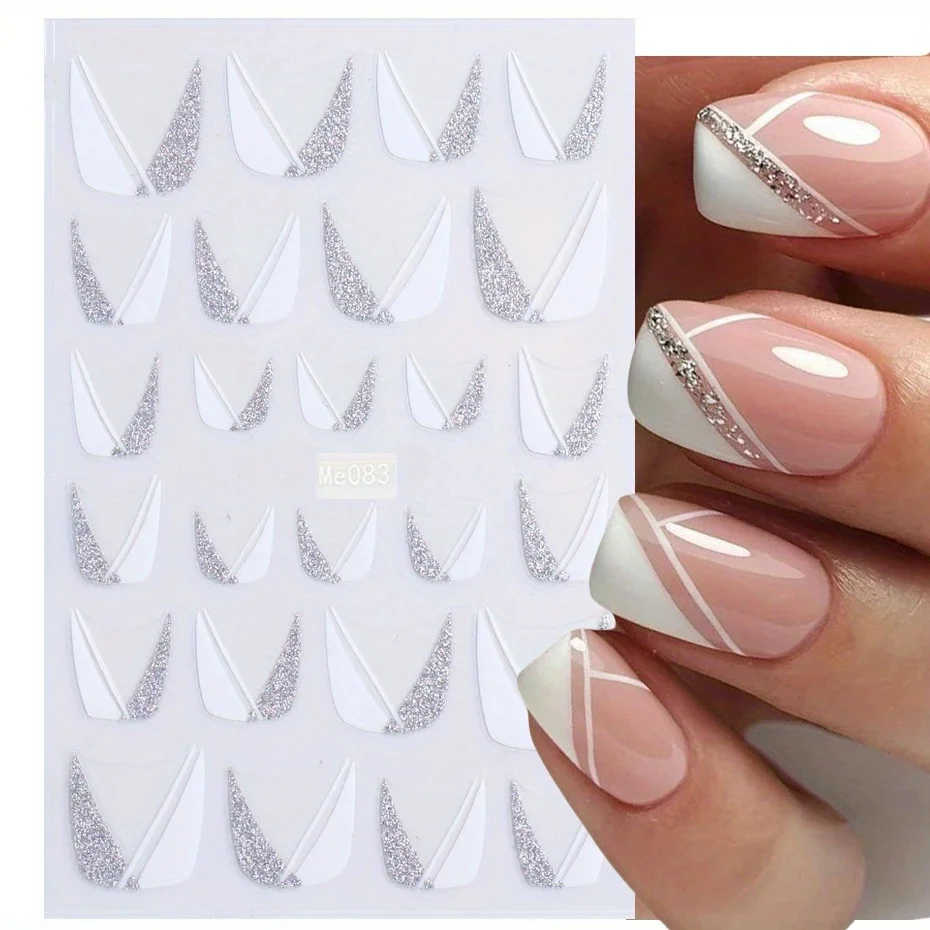 Autocollants 3D à paillettes brillantes pour les ongles, feuilles adhésives pour manucure, décalcomanies argentées et blanches, décorations pour nail art