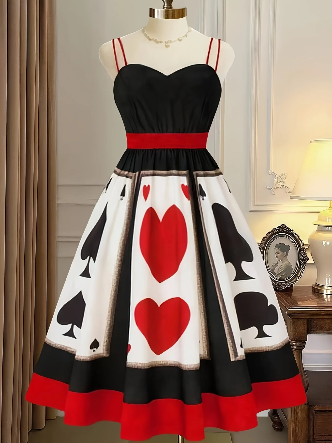 

Ladies' plus-size halter dress with red heart and black peach prints