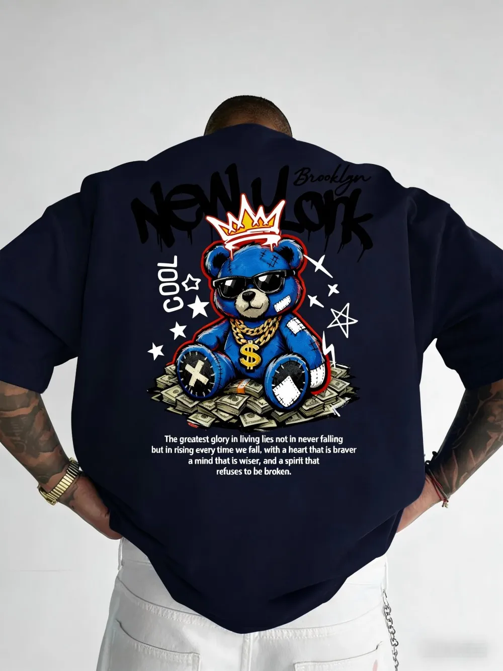 American men's summer New York Fortune Bear letter print micro elastic breathable round neck T-shirt outdoor street style top