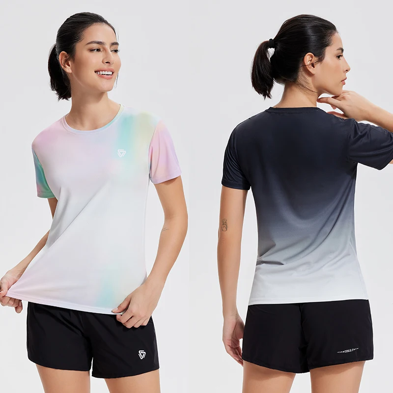 

Женская спортивная футболка с коротким рукавом и принтом из 100% полиэстера, рубашка для бега, модные быстросохнущие активные топы для фитнеса