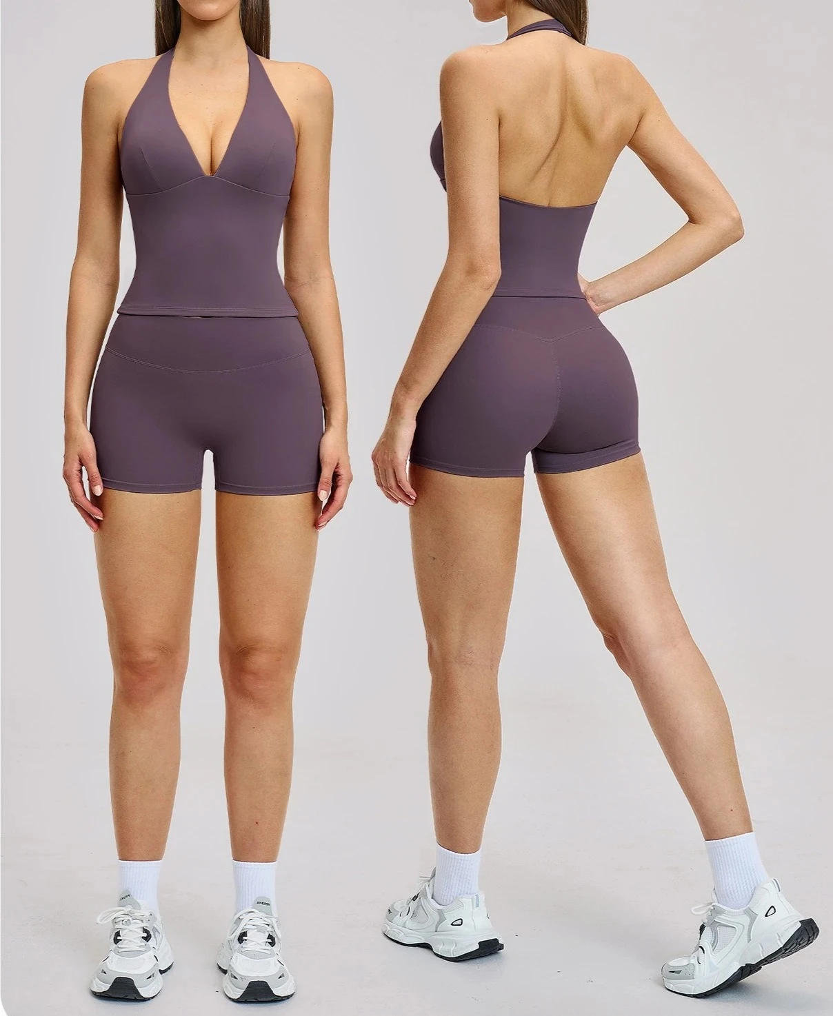 Conjunto Deportivo de 2 Piezas para Mujer C*B, Top de Yoga con Escote en V Profundo y Tirantes, Pantalones Cortos de Cintura Alta con Efecto Scrunch, Ropa Deportiva a Prueba de Sentadillas para Gimnasio y Fitness