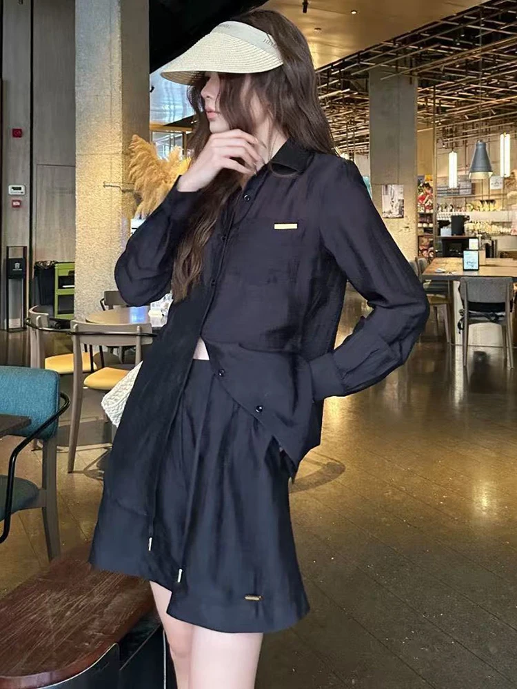 

Spring Summer Fashion Daily Loose Casual Shorts Set Women's Turn-down Collar Long Sleeve Blouses+Drawstring Shorts 2 Pieces Set