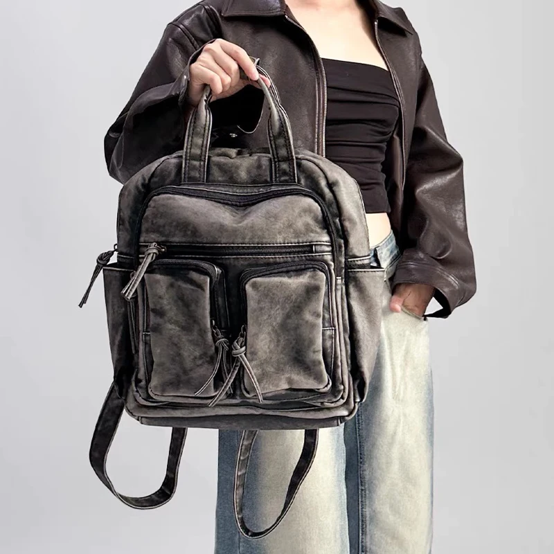 Luxury Soft Washed Pu Leather Back Packs Trend College Bags for Girl Motorcycle Bag Vintage Multiple Pockets Backpacks for Women