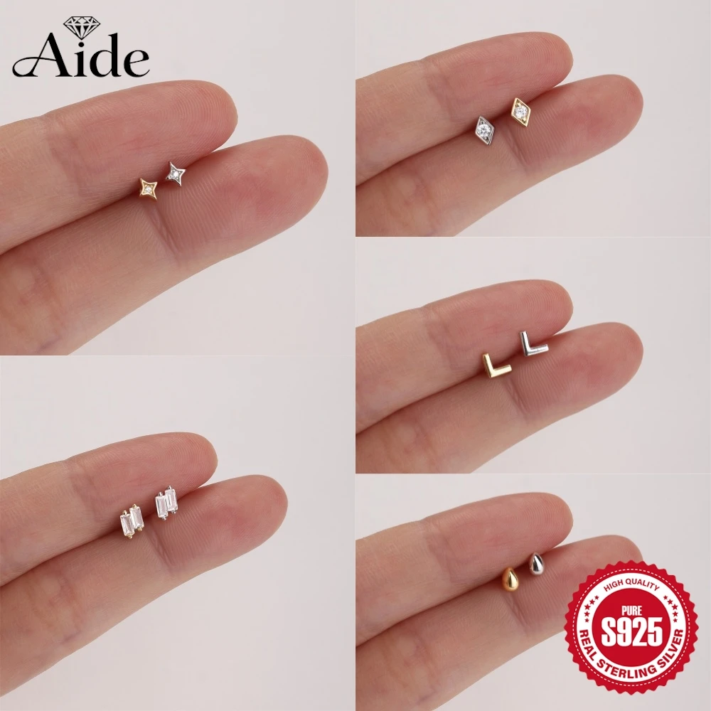 AIDE 925 Sterling Silver Shiny Star/V-shape Internally Threaded Flat Back Earring for Women Mini Piercing Summer Party Gifts