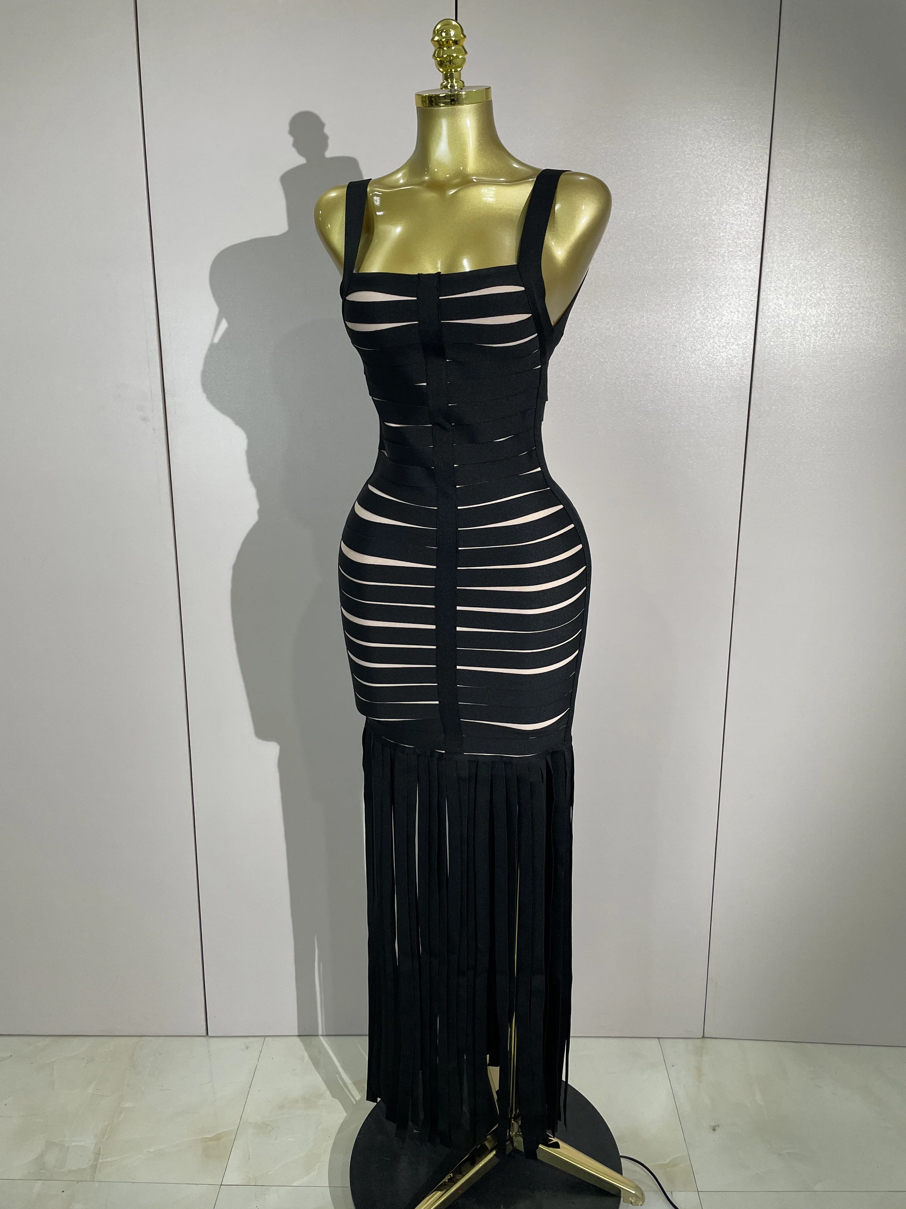 Alta qualidade preto halter quadrado pescoço borla bandage vestido elegante feminino festa de noite baile de aniversário moda clube cocktail vestido