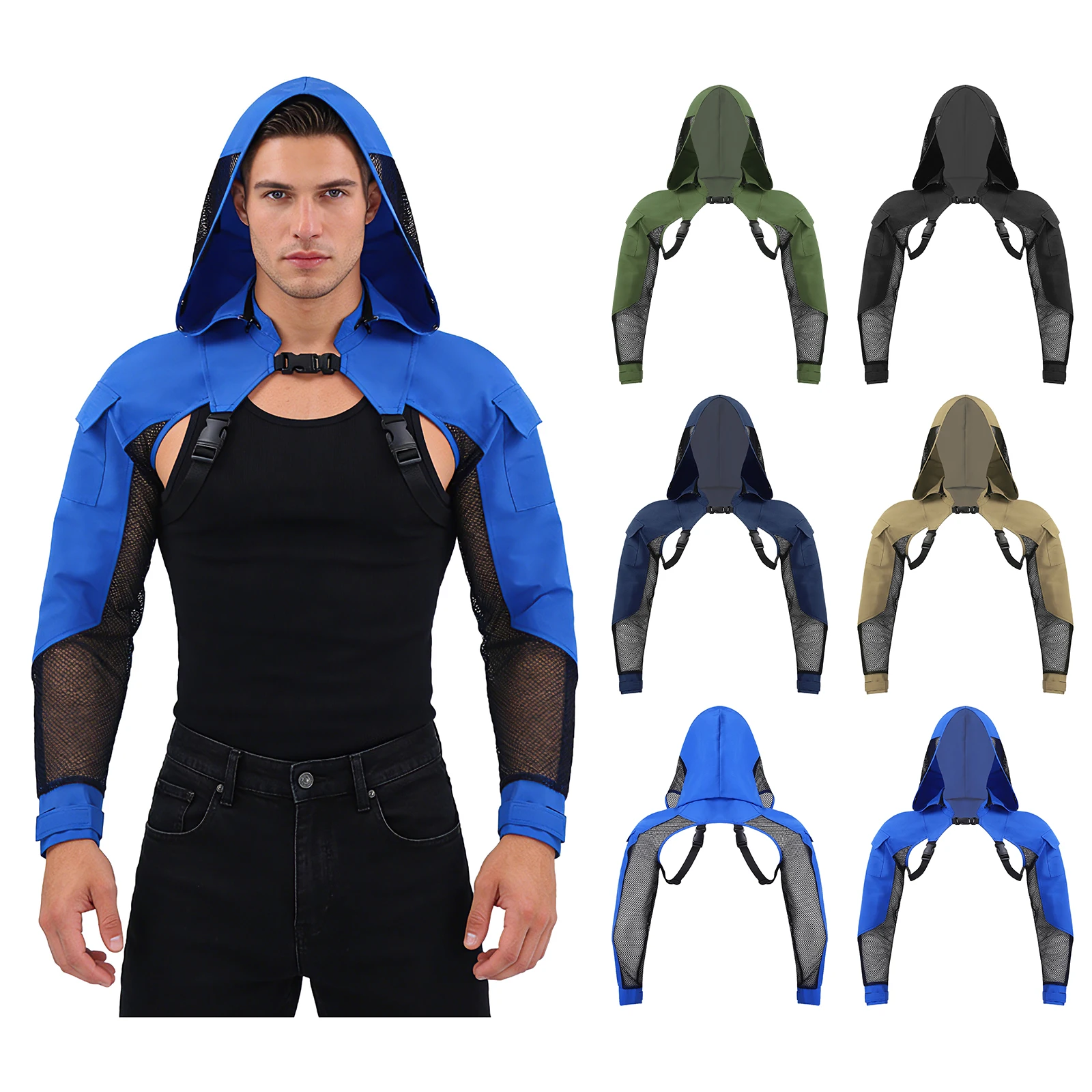 Camiseta Corta con Capucha para Hombre, Estilo Combate, con Malla de Red y Parches, Manga Larga, con Bolsillo, Tirantes Ajustables con Hebilla y Protección en los Hombros
