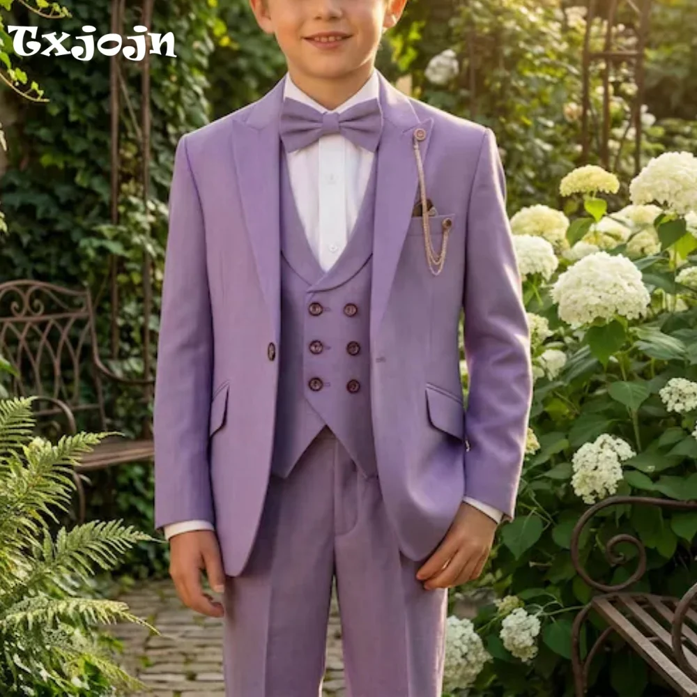 Formal Suit for Boys Homecoming Tuxedo 3 Piece Purple Jacket Pants Vest Kids Wedding Blazer Set Slim Fit Tailored Outfit