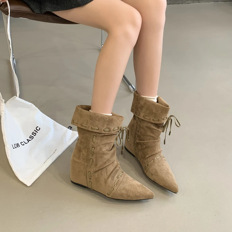 

designer modern boots woman shoes narrow band pointed toe wedges western boots vintage slip on ankle boot black khaki brown