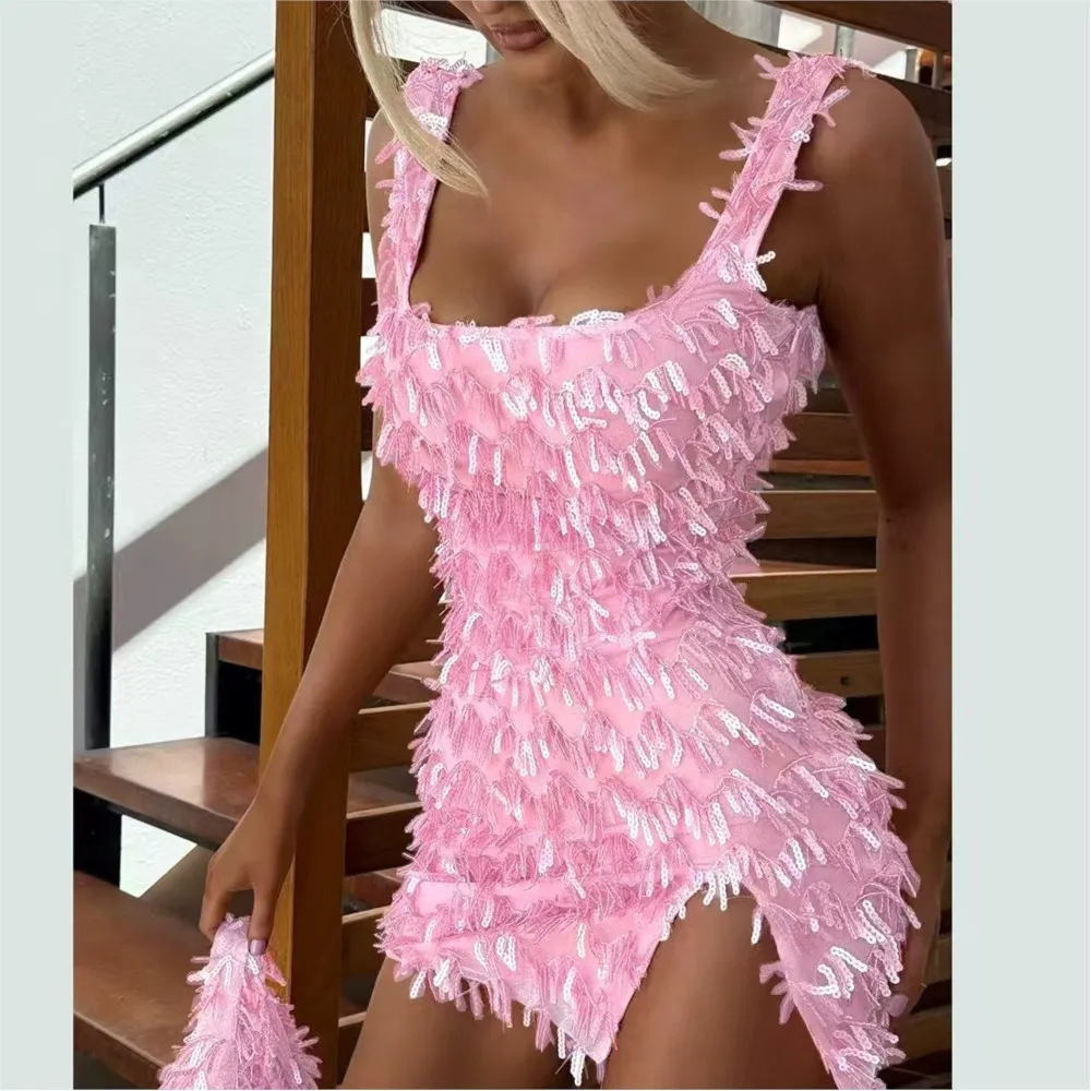 

Suspender Straps Hip Dress Summer Women's Sexy Slit Fashion Furry Slim-fit Sleeveless Short Dress Vestidos De Fiesta Elegantes