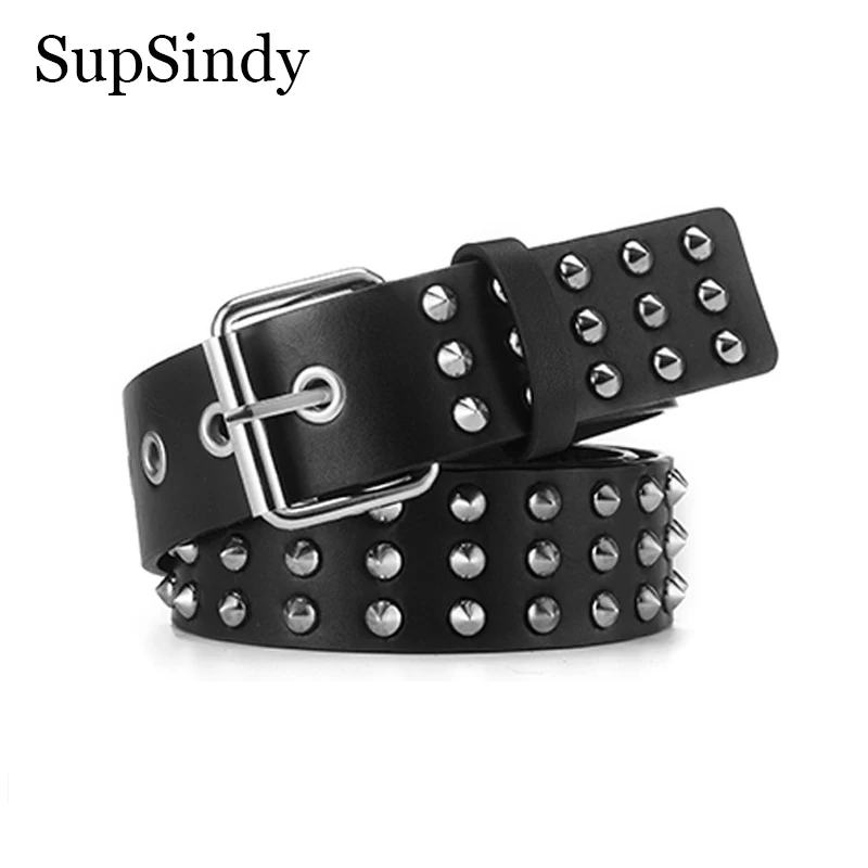 SupSindy Men Leather Belt Punk Metal Rivets Pin Buckle Luxury Belts for Women Jeans Waistband Rock Motorcycle Hip Hop Male Strap