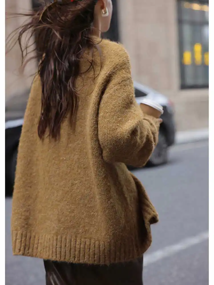 French Retro Knitted Cardigan Women'S Autumn And Winter Lazy Style Loose V-Neck Soft And Sticky Medium Long Sweater Jacket