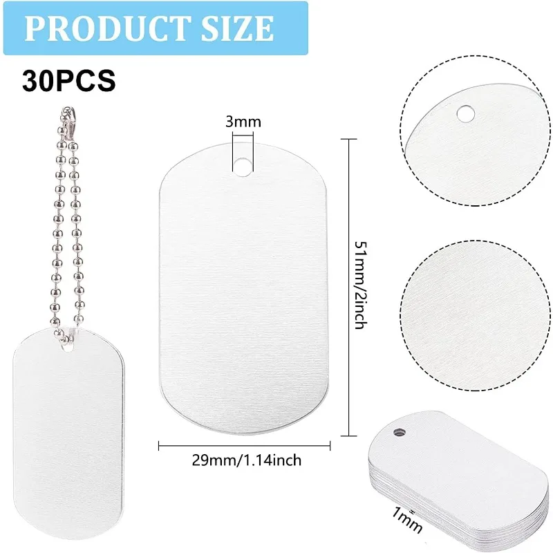 30 Pack 2x1.14 Shield Shape Stamping Blanks Aluminum Blank Pendants with Storage Box for Necklace Bracelet Dog Tags Making