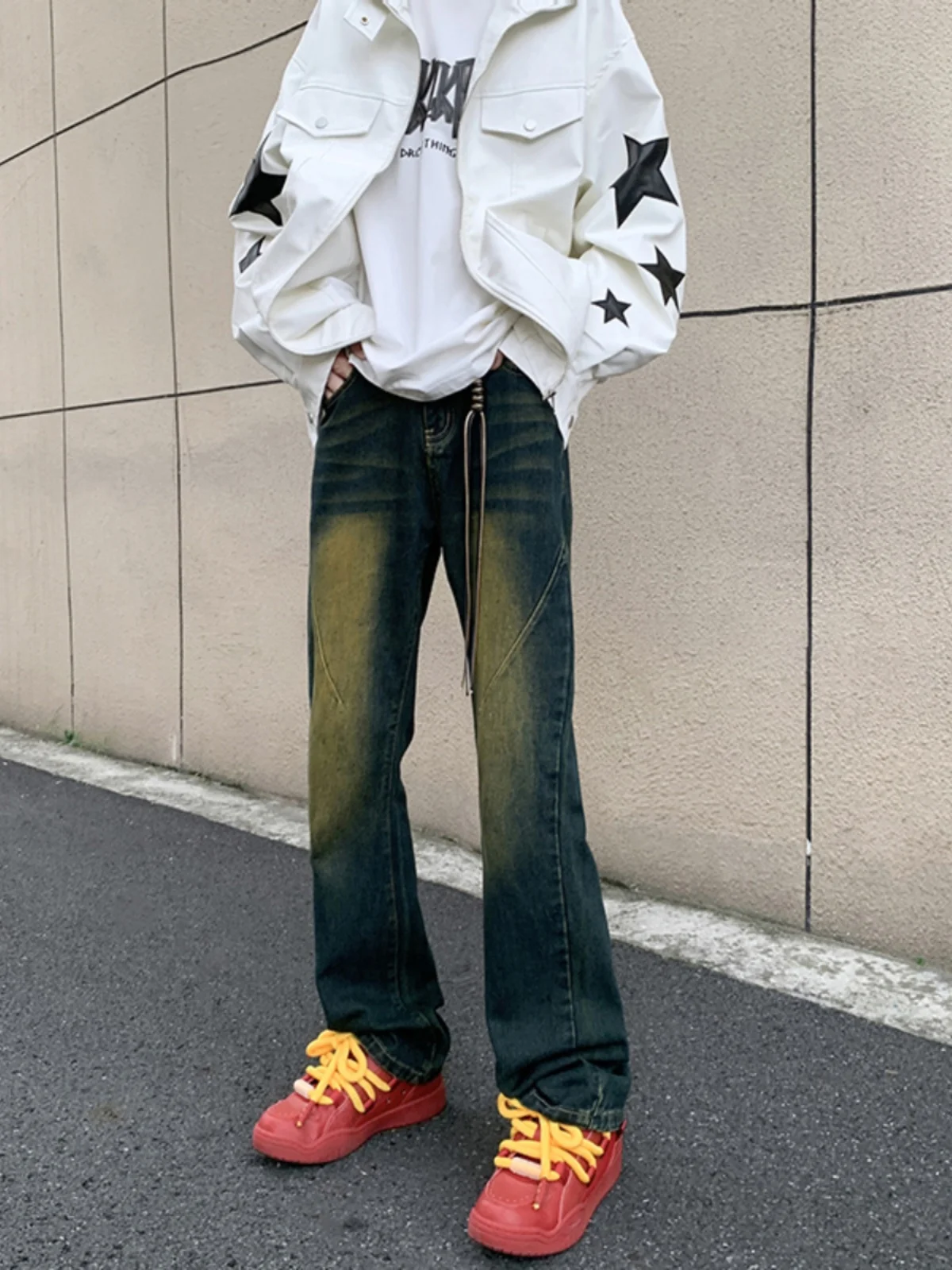 

Cleanfit Vintage Blue Men's Jeans Extended Length High Waist Tapered Street Sle Micro Flared Pants Straight Leg Jeans