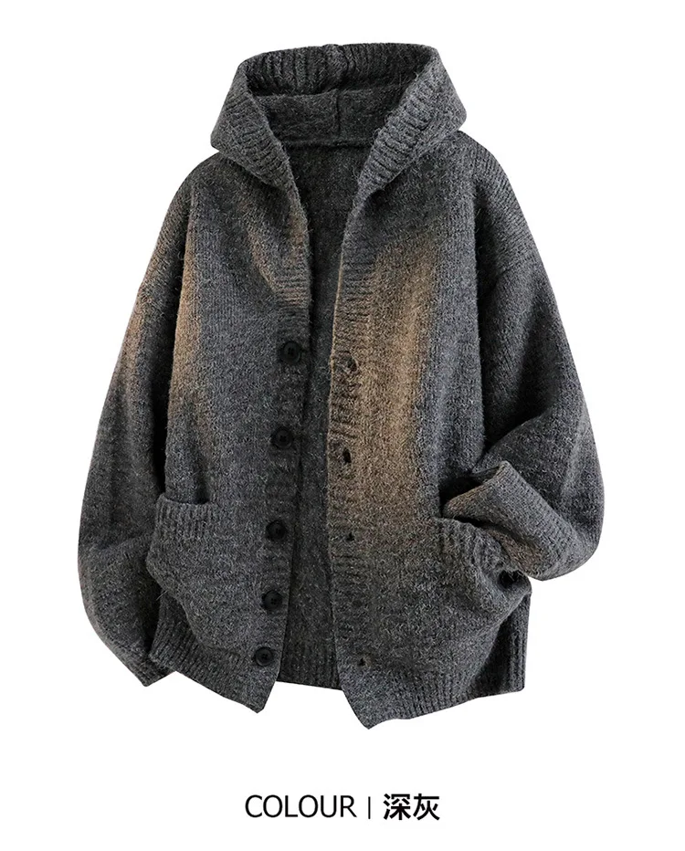 Neuer Herren-Cardigan mit Kapuze für Herbst und Winter, lockerer Strickpullover, warme Streetwear-Jacke für Studenten, weiches, lässiges Hemd für den Alltag, Herrenmode – Detail 9