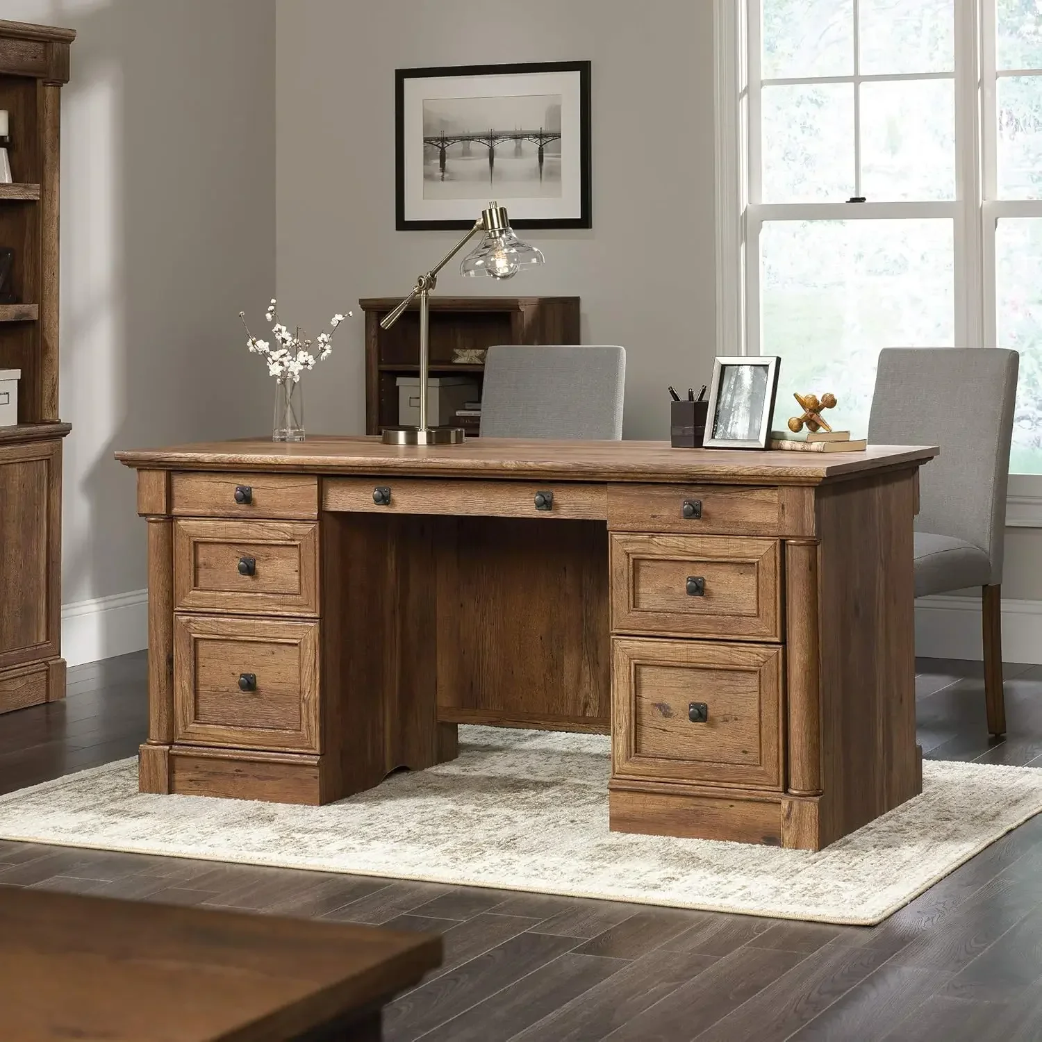 Palladia Executive Desk and Computer Desk, Vintage Oak Finish