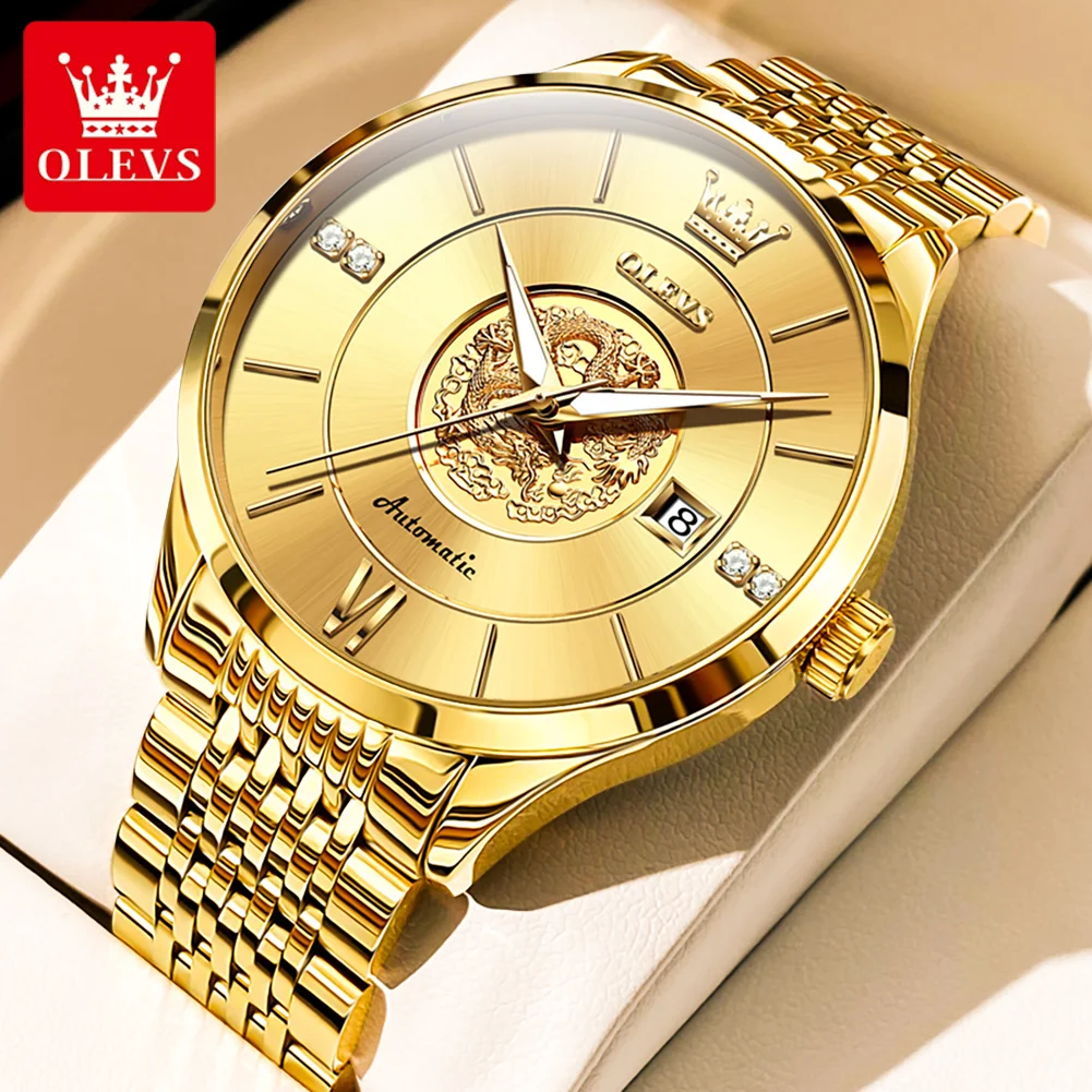 

OLEVS Brand Luxury Gold Mechanical Watch for Men Stainless Steel Waterproof Luminous Calendar Fashion Engraving Dragon Men Watch